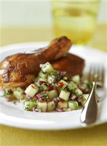 Tandoori chicken with honeydew melon and onion salsa