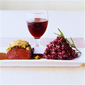 Venison with chocolate breadcrumb crust & red wine risotto