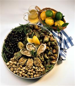 Dish of assorted shellfish, citrus fruits