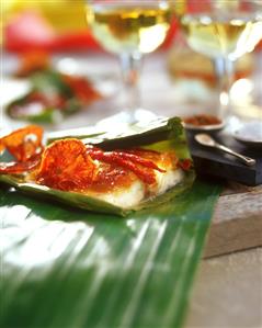 Haddock in banana leaf with orange chutney