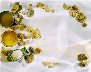 Still life with stock cubes, soup concentrate and spices