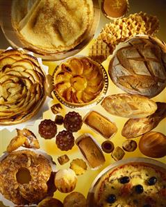 Baking still life with sweet and savoury specialities