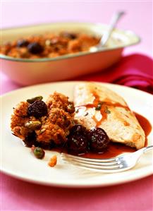 Chicken breast with cherry compote & pistachio nut crumble