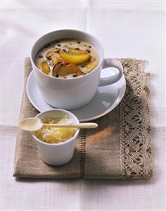 Creamed lentil soup with ceps in soup bowl