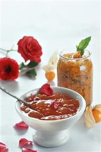 Minted Cape gooseberry and peach and rose jam