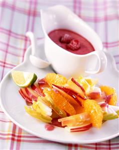 Fruit salad with raspberry yoghurt