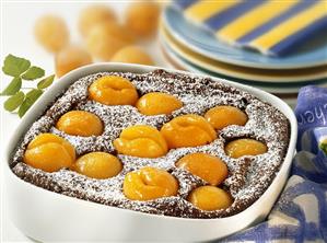 Semolina pudding with apricots and icing sugar