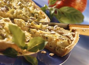 Leek and apple quiche with sunflower seeds