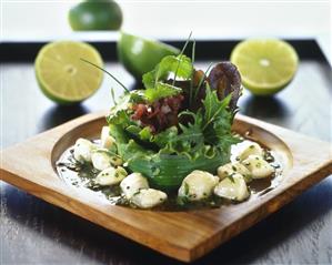 Salad leaves with marinated pétoncles (scallops)