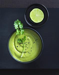 Pea soup with coriander and black sesame