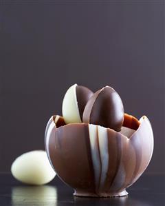 Chocolate mousse in chocolate shell with chocolate eggs