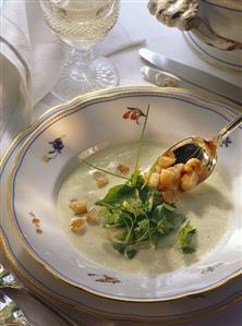 Green cream soup with herb leaves and croutons (2)