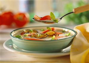 Aubergine soup with aubergine &d tomato slices, basil