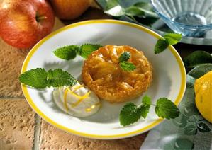 Mini apple tart with lemon crème fraiche and lemon balm