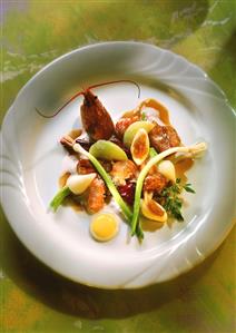 Crayfish with quail's egg, apple, spring onions & radish