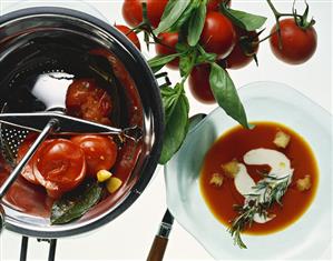 Tomato soup with crème fraiche, croutons & sprig of rosemary (3