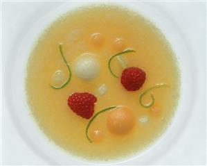 Iced melon soup with raspberries & lime zest