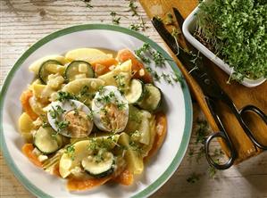 Vegetable ragout in mustard cream with boiled eggs & cress