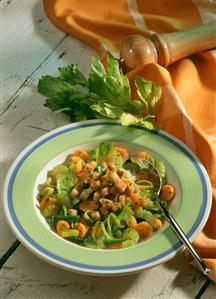 Vegetable stew with croutons on plate; pepper mill (1)