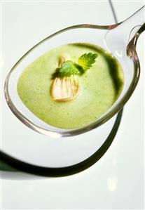 Sorrel soup with oyster mushrooms on a glass spoon