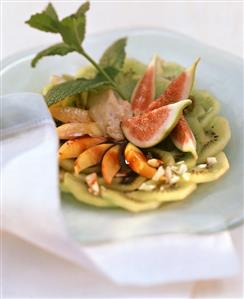 Kiwi & fig salad with banana mousse, nectarines, almonds, mint