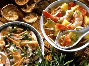 Chinese chicken soup with glass noodles; shrimp soup