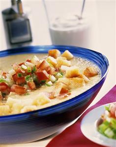 Gazpacho with tomatoes, cucumber and crisp bread cubes