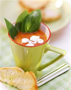 Tomato soup with blobs of cream & basil in green cup (2)