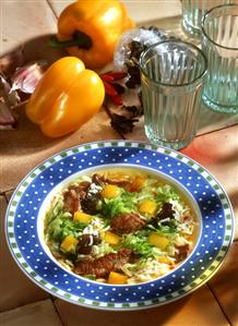 Lamb & savoy stew with rice, peppers & Mu-err mushrooms