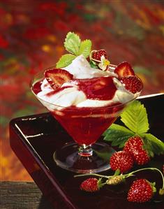 Quark mousse with strawberry puree and fresh strawberries