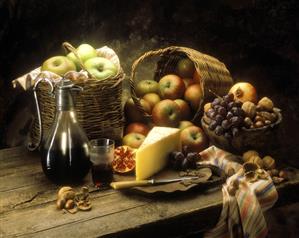 Rustic Still Life with Cheese, Fruit, Nuts and Red Wine