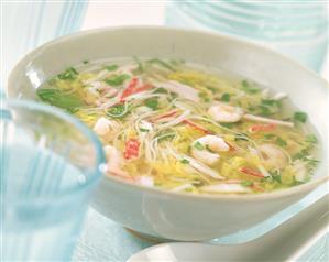 Thai noodle soup with shrimps in soup bowl