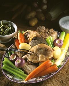 Pot au feu with meat, chicken, marrow bone and vegetables