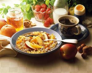 Fruit muesli; orange marmalade; coffee; egg; milk etc