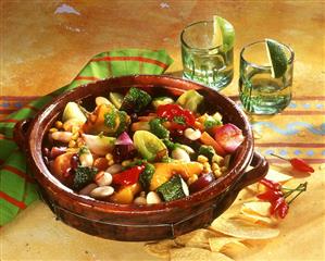 Mexican vegetable stew; tortilla chips and chili