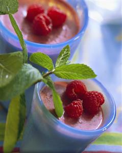 Raspberry whip with raspberries in sundae glasses; mint sprig