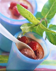 Raspberry whip & raspberries in beakers with spoon; mint sprig