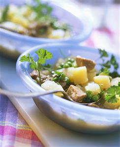 Vegetable stew with pork in blue soup plates