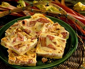 Rhubarb tart, cut into pieces, on a plate