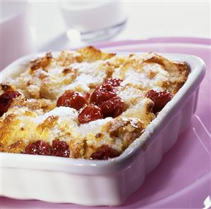 Cherry bread pudding in baking dish