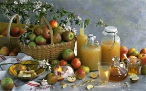 Apple vinegar still life with apples, honey & apple blossom