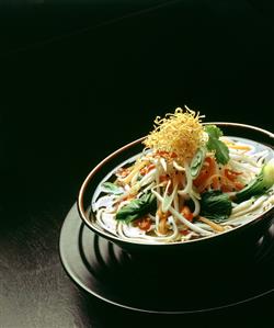 Japanese noodle soup (Miso Udon) with fried ginger