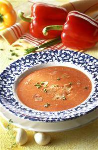 Creamed pepper soup on blue and white plate