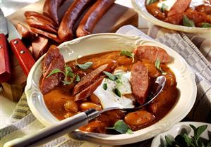 Bean soup with Debreziner sausage & a blob of sour cream