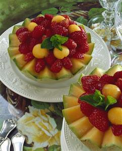 Melon and strawberry salad in hollowed-out melon halves