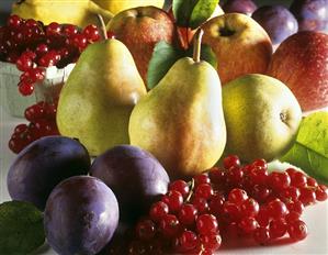 Fruit still life with pears, plums, redcurrant and apples