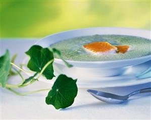 Veloute cress soup with fried wild salmon