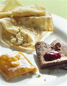 Orange-, chocolate-, acacia blossom crepes, crepes normandes