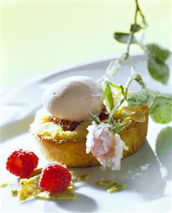 Crispy almond sponge with raspberries and rose ice cream