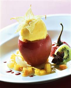 Stuffed tamarillos with exotic fruit and mango sorbet